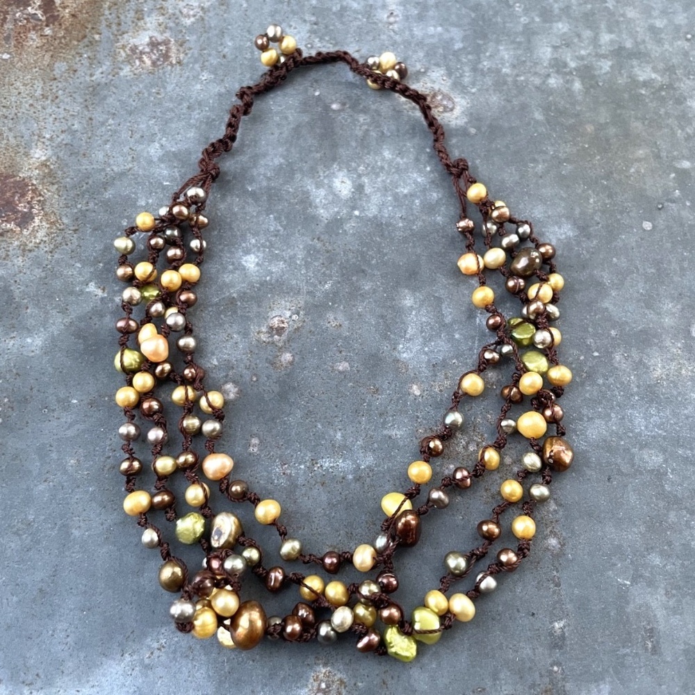Green, Yellow, Brown 7mm-3mm Freshwater Pearl multistrand 16.5" Pearl Necklace